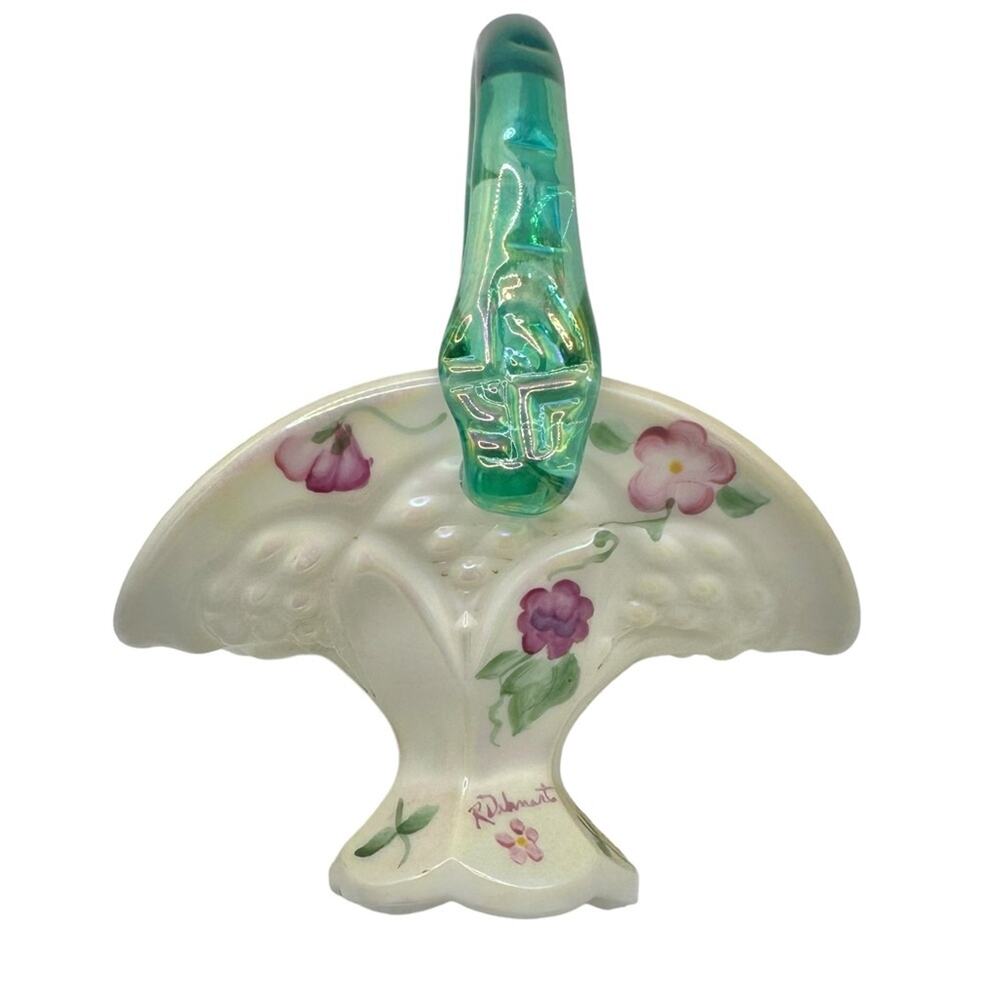 Vintage Fenton Milk Glass Mini Basket Spruce Green Handle Hand Painted Signed